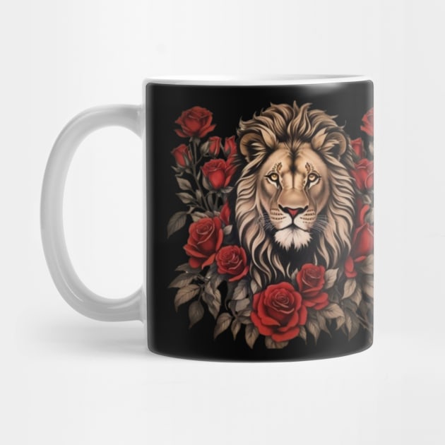 majestic lion surrounded by vibrant red roses by Wolf77